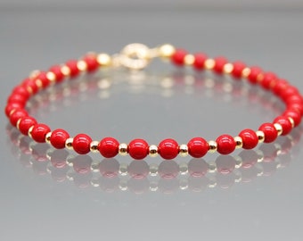 Bracciale in corallo rosso da 3 mm, bracciale con pietre preziose autentiche, argento sterling, oro, bracciale con perline, regalo di compleanno, regalo per donna