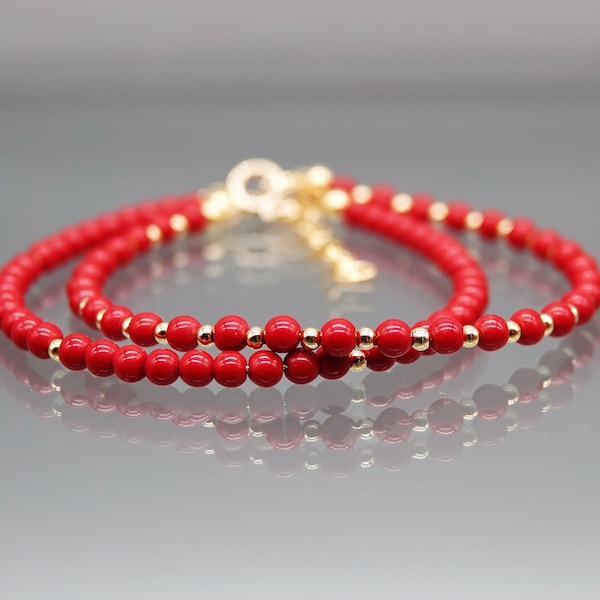 3mm Red Coral Bracelet, Genuine Gemstone Bracelet, Sterling Silver, Gold, Beaded bracelet, Birthday Gift, Gift for Women