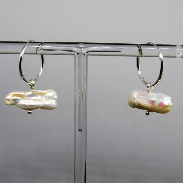 Boucles d'oreilles créoles de perles d'eau douce Biwa blanches, boucles d'oreilles véritables perles d'eau douce, argent sterling, cadeau d'anniversaire, cadeau pour femme