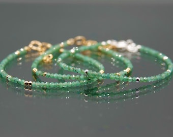 Dainty Emerald Bracelet, Genuine Gemstone Bracelet, Sterling Silver, Gold, Beaded, 2mm, May birthstone, Birthday Gift, Gift for Women