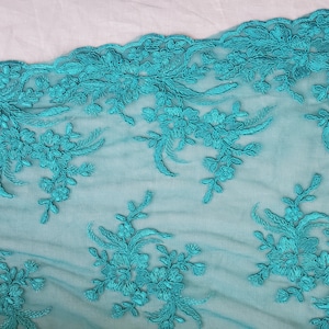 Teal Lace, double border scalloped hem fabric, blue sea green lace by the yard