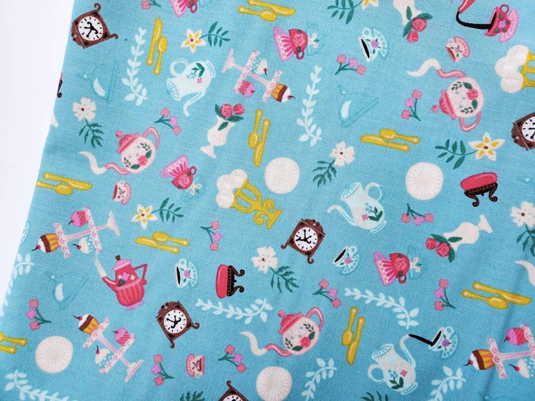 Light Blue Beauty and the Beast Teacups Coordinate Fabric by the Yard