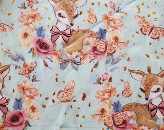 Rehkitz Stoff, Baumwollstoff Gewebte Quilter Baumwolle, Ostern Frühling Stoff, Schmetterlinge Floral Reh Stoff