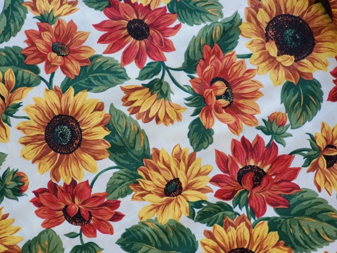 Sunflower Fabric by the Yard Red, Orange, Yellow Sunflowers on Cream