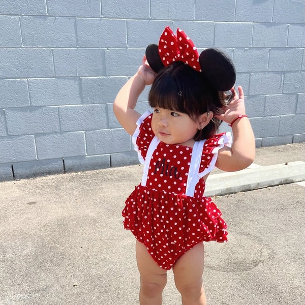 Baby Girl Minnie Romper, Cute Disney Outfit, Birthday Girl, Minnie Inspired, Red Minnie Romper Outfit, Multiple Sizes, Personalized, Pokadot