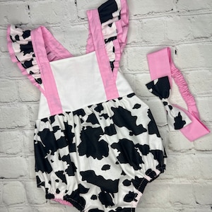 Baby Girl Rodeo Romper, Birthday Girl Outfit, Pink Cow Print, Farm Birthday Smash Cake Outfit, Ruffle Romper Multiple Sizes, Personalized