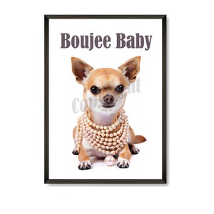Chihuahua in Pearls art print, parels boujee baby, coole art print, kort haar chihuahua cadeau, A4 digitale download, A4 art print