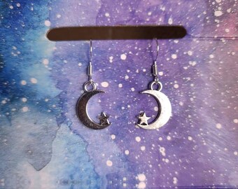 Moon & stars silver earrings, celestial moon and star earrings, crescent moon earrings