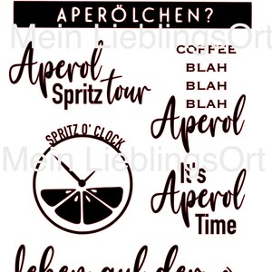 May include: Black and white graphic designs with the text "Aperol", "Spritz tour", "Spritz O' Clock", "It's Aperol Time", and "leben auf der Aperolspur".