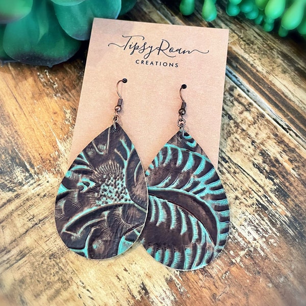 Bold Western Tooled Teal Leather Teardrop Earrings / Turquoise / Cowgirl Wear / Southwestern / Tooled Earrings