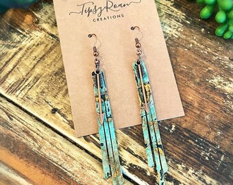 Western Turquoise n Copper Fringe Leather Earrings / Arrow Charms / Southwestern Jewelry / Cowgirl / Rodeo