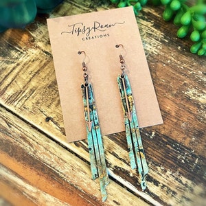 Western Turquoise n Copper Fringe Leather Earrings / Arrow Charms / Southwestern Jewelry / Cowgirl / Rodeo