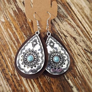 Gorgeous Southwestern Teardrop Leather Earrings With Silver and Turquoise Drop Charms / Western / Cowgirl Earrings