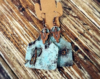 Teal Driftwood Cowtag Earrings / Genuine Leather Earrings / Punchy / Southwestern