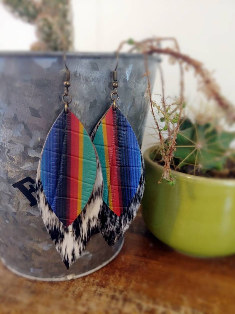 Bold Speckled Hair On Leather Earrings Black White Hair on Cowhide with Bright Serape leather Overlay Stylish Cowgirl
