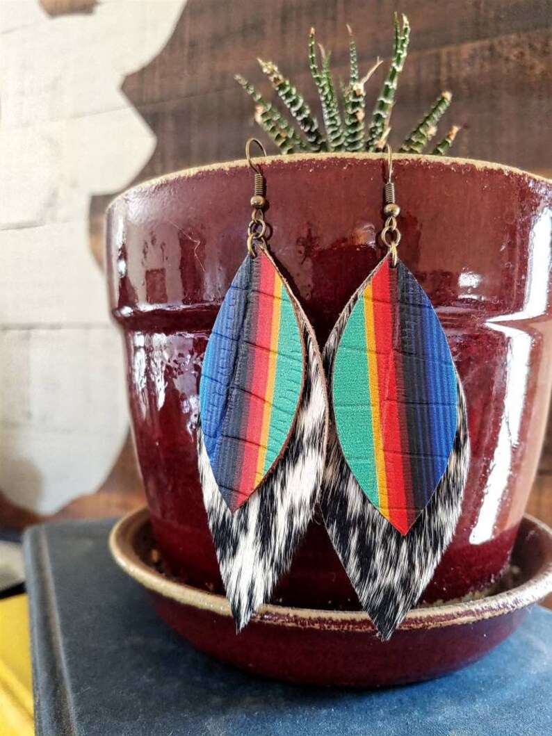 Bold Speckled Hair On Leather Earrings Black White Hair on Cowhide with Bright Serape leather Overlay Stylish Cowgirl