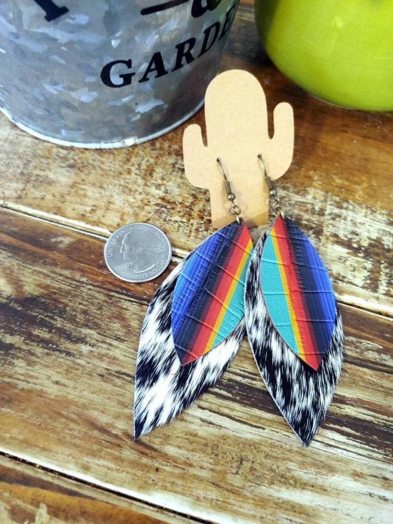 Bold Speckled Hair On Leather Earrings Black White Hair on Cowhide with Bright Serape leather Overlay Stylish Cowgirl