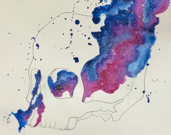 ORIGINAL Watercolor Painting | Galaxy & Skull Painting 8"x8" | Hand Painted Unframed Art