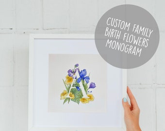 Custom Flower Family Portrait | Original Watercolor Painting | Personalized Floral Bouquet Monogram