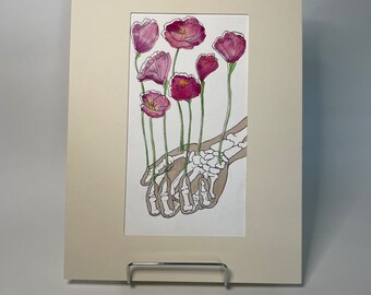 ORIGINAL Watercolor Painting | Skeleton & Floral Painting 4.5"x8.5" | Hand Painted Unframed Art