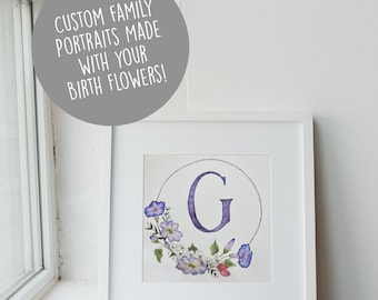 Custom Flower Family Portrait | Original Watercolor Painting | Personalized Floral Bouquet Monogram