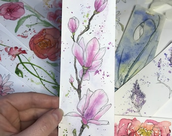 Watercolor floral bookmarks |  hand-painted ink & watercolor flowers | Book Lover Gift