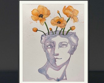 ORIGINAL Watercolor Painting | floral statue Painting 8"x10" | Hand Painted Unframed Art
