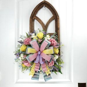 Rustic Arched Window Door Hanger, Cathedral Window Door Hanger, Spring Summer Window Wall Wreath, Wildflowers Roses Carnations Door Hanger