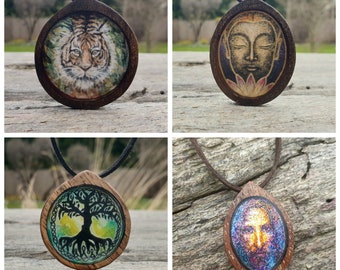 Necklace Picturesque Jewelry, exotic wood, handmade, hand painted, tiger, Buddha, Jesus, tree of life, epoxy resin