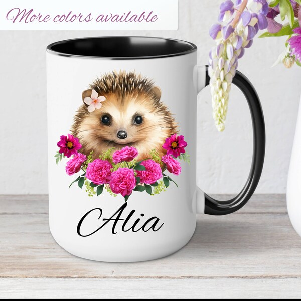 Personalized Name Mug for Women & Girls - Custom Name Coffee Mug - Name Coffee Hedgehog Design - Personalized Gift for Her - Mug With Name