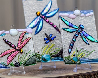 Dragonfly fused glass suncatchers set of 3, garden decor, blue dragonfly glass art panel, marsh scene window, patio decor, sparkling glass