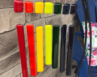 Fused glass wind chimes, sparkling contemporary, 7 coloured bars form the rainbow garden coloured decor, Pride welcome