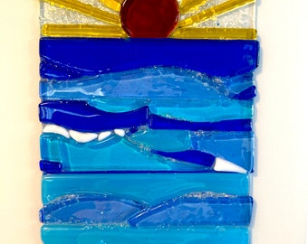 Ocean wave horizon, sunset/sunrise, fused glass ocean sun catcher, boater gift