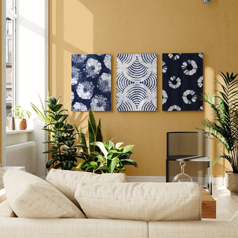 Set of 3 Shibori Wall Art Bundle Indigo Tie Dye Abstract Etsy