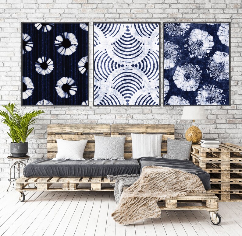 Set of 3 Shibori Wall Art Bundle Indigo Tie Dye Abstract Etsy