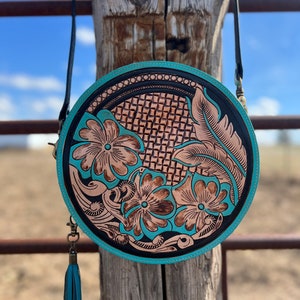 Turquoise leather round crossbody