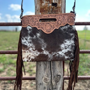 Tooled clutch cowhide crossbody