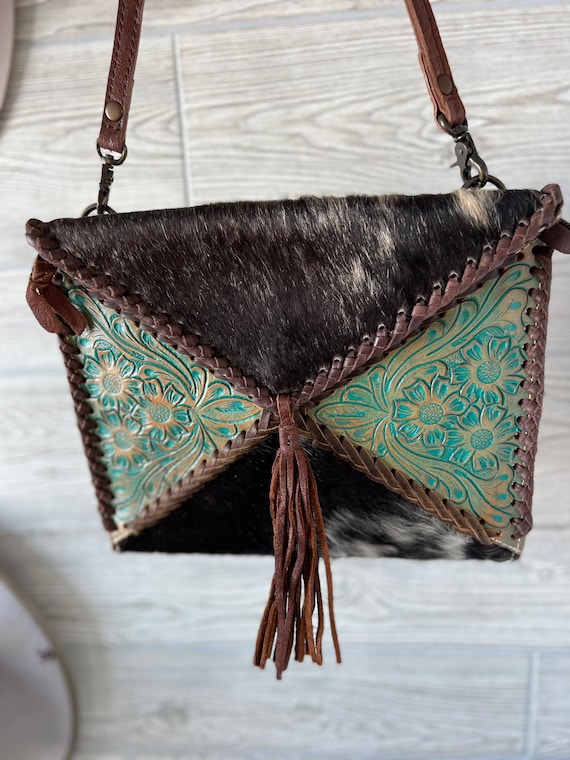 Teal cowhide patchwork crossbody - image 1