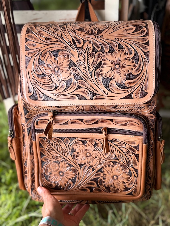 Tan Leather Backpack with Floral Tooling Leather Tooling Backpack w/ Floral Design TL-21 – Viceroy  main image 4