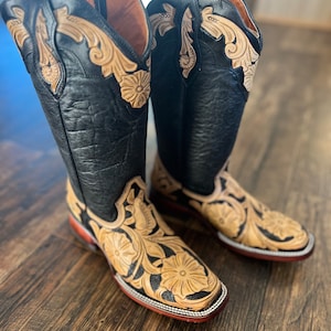 Tooled leather square toe cowboy boots