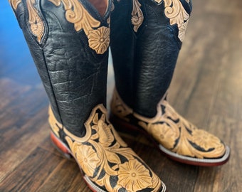 Tooled leather square toe cowboy boots