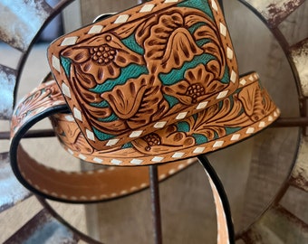 Turquoise & tan tooled leather belt