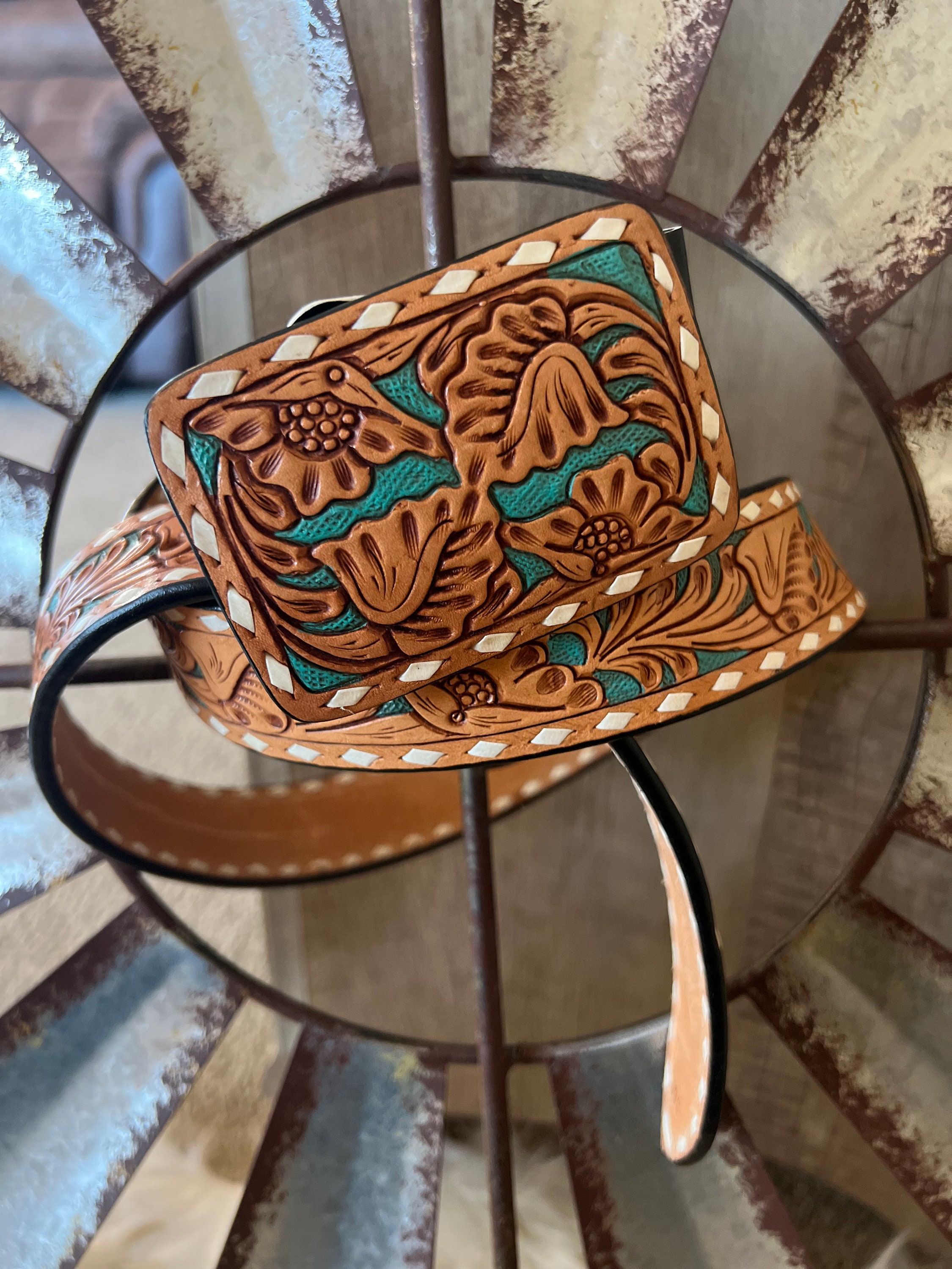 Turquoise & tan tooled leather belt