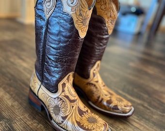 Sunflower tooled square toe cowboy boots