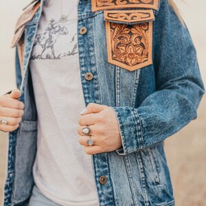 Tooled leather denim jacket