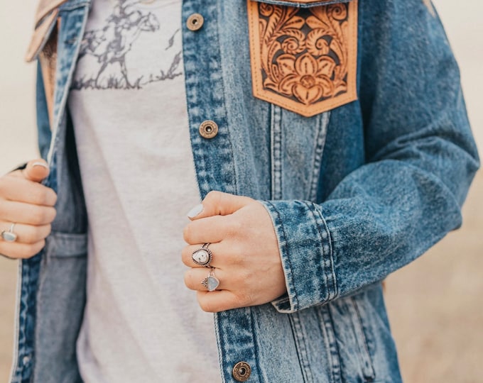 Tooled leather denim jacket