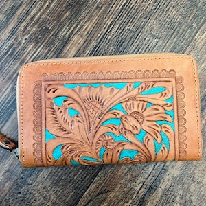 Turquoise tan tooled wallet