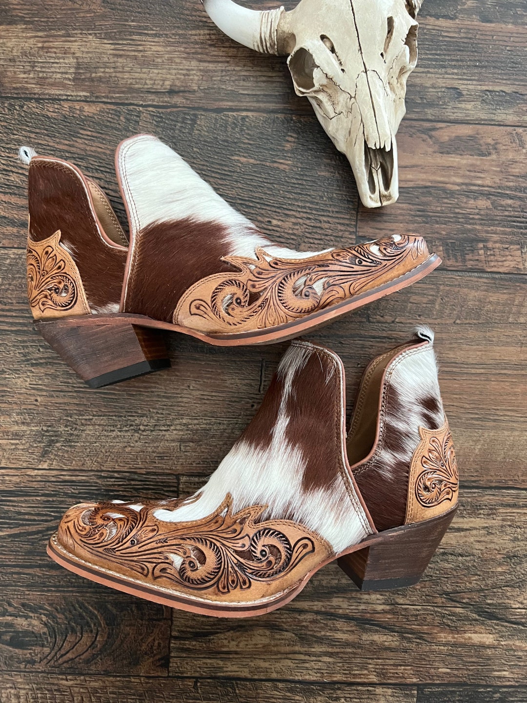 Brown Cowhide Tooled Toe Booties Etsy