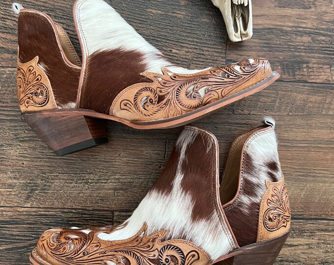 Brown Cowhide Tooled Toe Booties Etsy