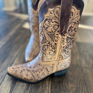 Tooled floral cowboy boots